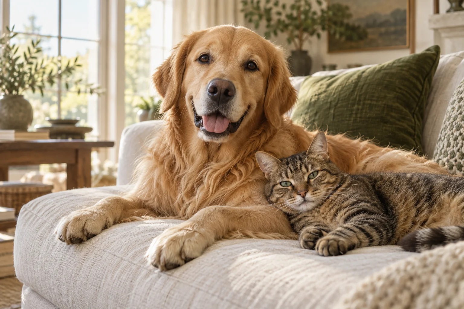 A golden retriever and tabby cat relaxing together on a linen sofa